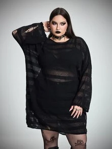 SHEIN CURVE+ ملابس علوية فرو محبوكة مقاس كبير للهالوين بتصميم مفرغ وشفاف - الأسود - مشاهدة 5