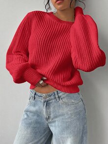 SHEIN BASICS كنزة صوفية محبوكة نسائية كاجوال بلون موحد وياقة دائرية وأكمام طويلة ملابس شتوية - الأحمر - مشاهدة 4
