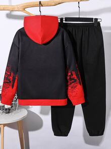 SHEIN 兒童青少年男孩休閒運動黑色連帽衛衣套裝，聖誕紅色衛衣，適合秋冬季、學校、家庭聚會、節日派對，秋季穿搭，冬季穿搭，男孩套裝兒童套裝 - 彩色 - 查看 5
