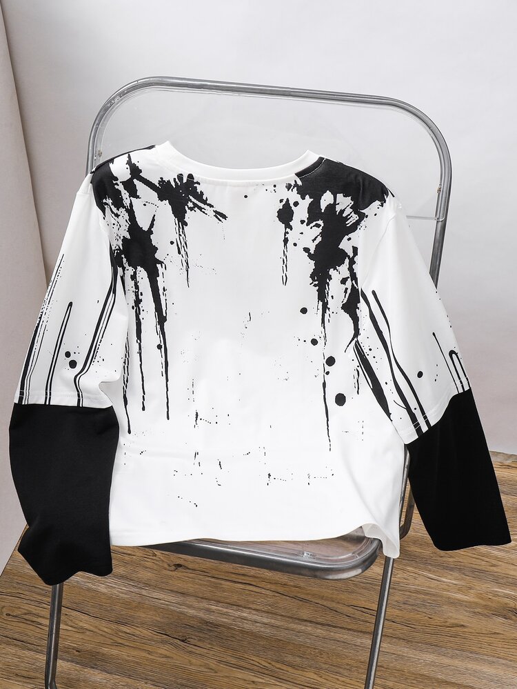 Kids Tween Boy Casual Sports Crew Neck Pullover White Long Sleeve T-Shirt, Faux Two Pieces Top, Suitable For Fall/Winter, School, Family Gathering, Back To School, Birthday Party, FallOutfit, WinterOutfit - Multicolor - View 4