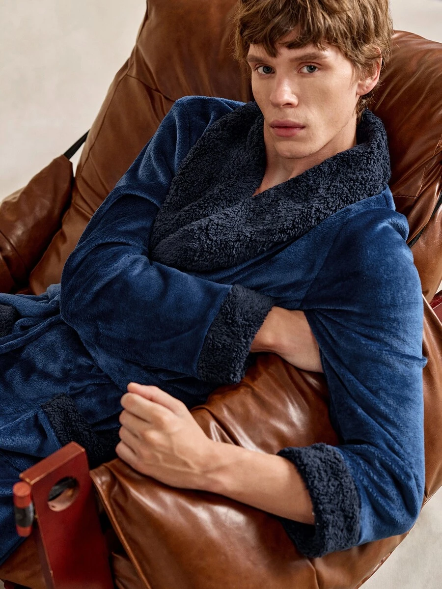 EverLounge Men's Casual Daily Home British Style Plush Robe - Royal Blue - View 1