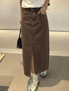 Comfortcana Women's Long Casual Denim Skirt With Pockets And Split Hem - Mocha Brown - View 2