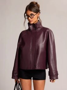 SHEIN BAE 女款時尚街頭風高領鈕扣長袖夾克外套 - 酒紅色 - 查看 6