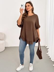 Shapeblank Plus Size Vintage Ruffle Trim Asymmetrical Hem Blouse - Mocha Brown - View 5