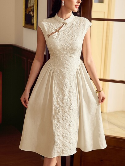 Vintamour Damen Jacquard Stehkragen Lässig Partykleid