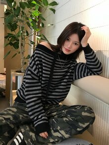 DAZY Women's Asymmetrical Shoulder Striped Long Sleeve Sweater Fall - Black - View 7
