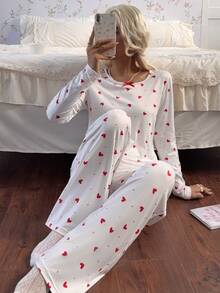 CottageSlumber Women's Heart Polka Dot Print Round Neck Waist Bow Fitted Base Layer Pajama Set - White - View 3