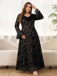 Reflora Plus Size Fashion Party Floral Flocked Mesh Dress Fall - Black - View 5