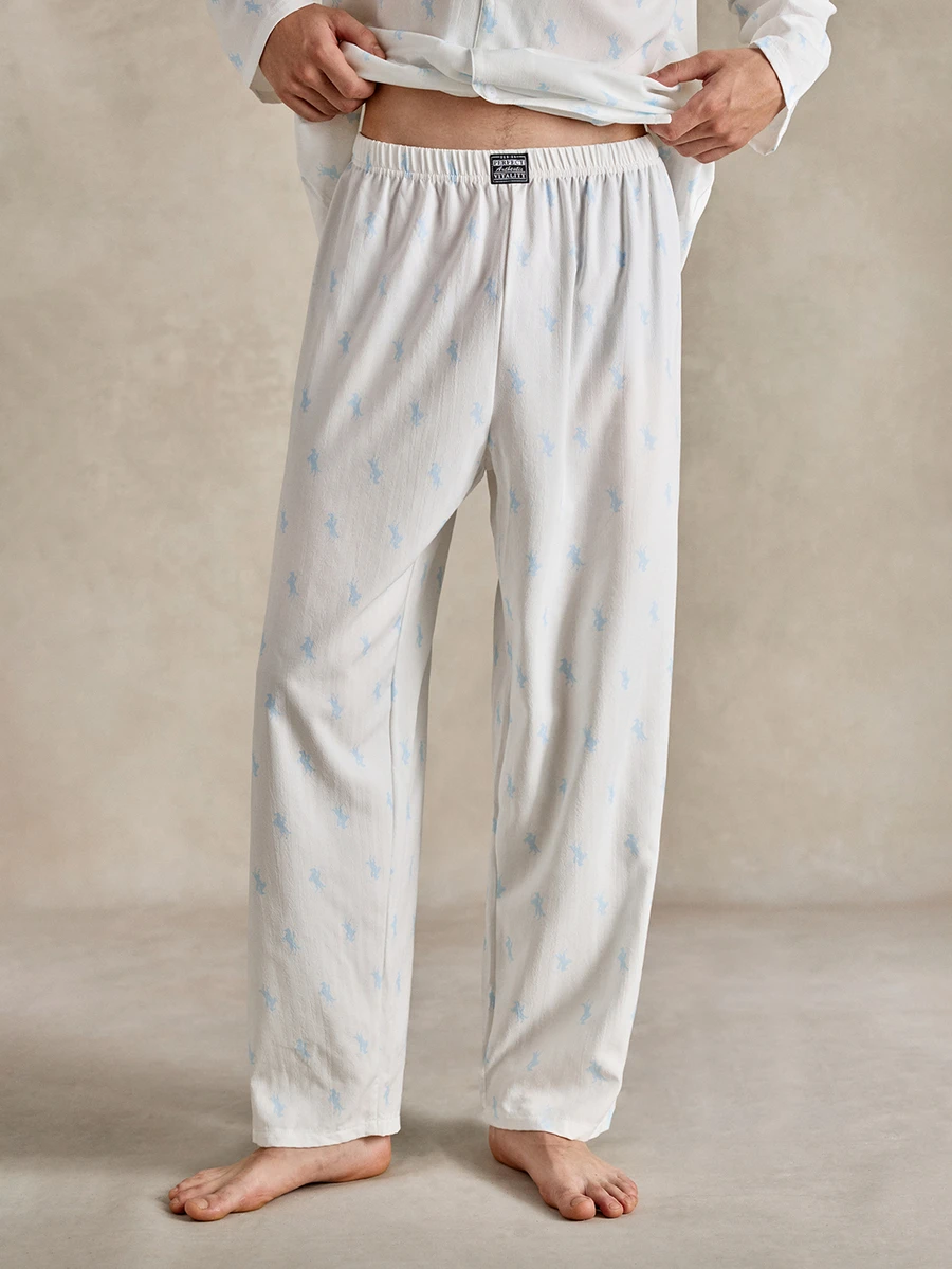 EverLounge Printed Horse Pattern Comfortable Soft Long Pants Men's Loungewear Bottoms - Blue and White - View 1