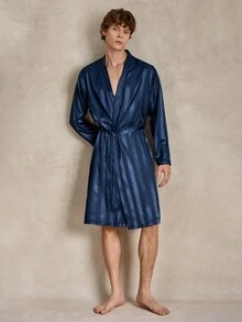 EverLounge Comfortable Minimalist Satin Men's Robe - Navy Blue - View 3
