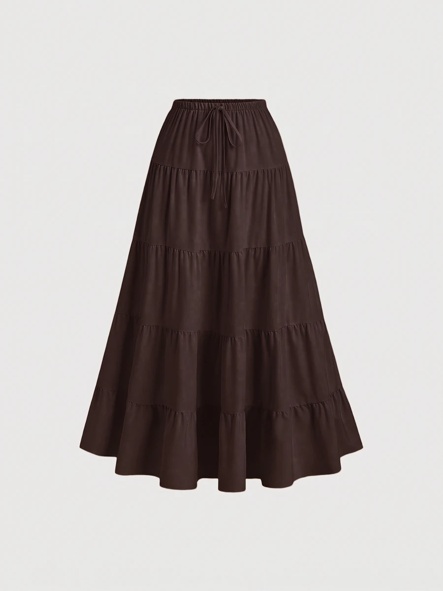 GlowEve CURVE Plus Size Minimalist Drawstring Waist Pleated Skirt Fall - Brown - View 1