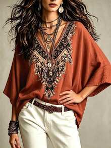 Glimmora 波西米亞風仿刺繡花卉印花女款上衣，寬鬆V領蝙蝠袖七分袖修身上衣，休閒度假旅行襯衫，適合鄉村與海灘 - 彩色 - 查看 4