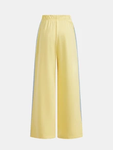 青少年女孩淺黃色柔軟針織側條紋鬆緊腰寬腿休閒運動長褲 - 黃色 - 查看 2