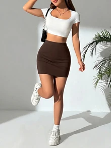 SHEIN PETITE 女款休閒百搭純色裙 - 棕色 - 查看 4