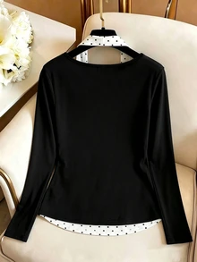 GlowEve CURVE Plus Size Elegant Casual Polka Dot Halter Neck Long Sleeve T-Shirt, Autumn/Winter Fall - Black - View 2