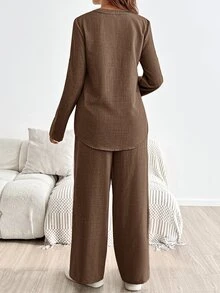SHEIN 孕婦度假休閒襯衫與長褲兩件套 - 咖啡棕 - 查看 7