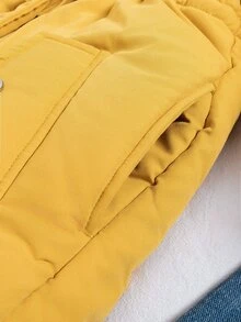 女童冬季新款拉鍊連帽大毛領加厚棉襖，收腰羅紋袖口時尚保暖內裡加厚外套，休閒百搭戶外返校穿搭 - 黃色 - 查看 4