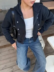 DAZY 女款保暖內裡雙排扣長袖連帽運動衫 - 藏蓝色 - 查看 6