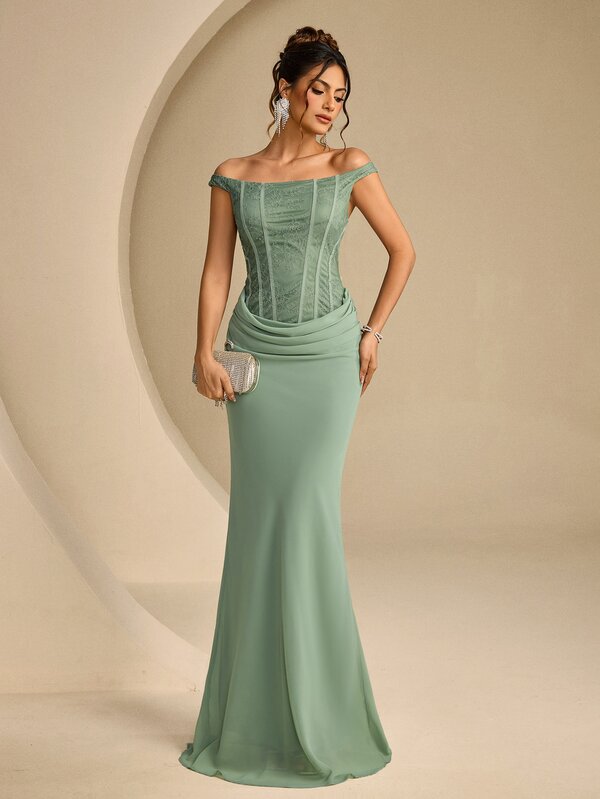 Coutiva Evening Party Pleated Mermaid Tail Off-Shoulder Elegant Sophisticated Lady Dress