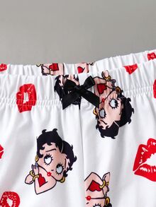 Betty Boop x SHEIN 女款卡通印花細肩帶背心與短褲睡衣套裝 - 紅白色 - 查看 5