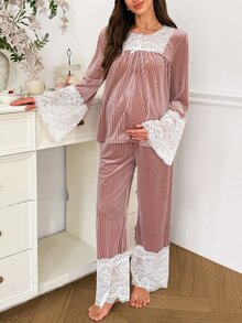 Moonlight&Mama 對比色蕾絲拼接秋冬天鵝絨長袖孕婦睡衣套裝 - 粉色 - 查看 3