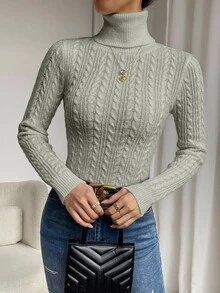 SHEIN 女款素色高領休閒百搭日常長袖針織衫 - 灰色 - 查看 7