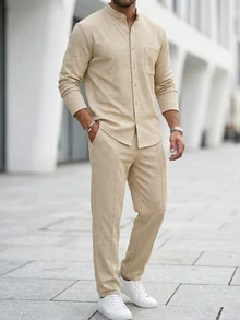 DAZY Spring/Autumn Solid Apricot Shirt Top With Elastic Waist Drawstring Pants, Slightly Loose Fit Men's Shirt Set - Apricot - View 4