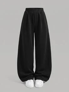 SHEIN 青少年女孩休閒日常運動個性化彈性腰寬腿鬆直筒運動長褲 春秋冬款 - 黑色 - 查看 3