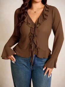 Elaquor Plus Size Women Solid Color Ruffle Collar Front Tie Bell Sleeve Top - Mocha Brown - View 4