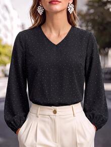 Reflora Plus Size Women's V-Neck Polka Dot Casual Versatile Daily Wear Blouse - Black - View 7