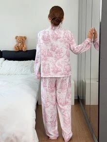 Napfluff Set Piyama Lengan Panjang dengan Motif Lukisan Tinta Kerut Gelembung dan Manset Kontras - Putih - View 2