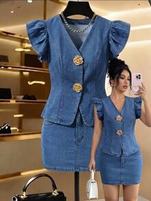 GlowEve Women's Metal Flower Button Ruffle Cuff Jacket And Pocket Skirt Denim Set - Blue - View 5