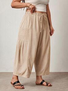 Enliva Plus Size Loose Fit Drawstring Casual Cropped Pants Fall - Apricot - View 5