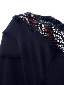 SHEIN ICON بنطلون نسائي أبيض محبوك بتصميم رقعات مع حزام خصر مزين بحبل وخرز، ساق مستقيمة وقصة فضفاضة كاجوال للعطلات - أزرق بحري - مشاهدة 7