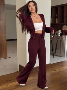 SHEIN EZwear 2件組女款休閒純色寬肩帶開襟衫與抽繩腰喇叭褲套裝，適合秋冬 - 酒紅色 - 查看 4
