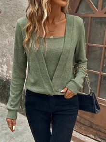 SHEIN LUNE Women's 2-In-1 Fake Two Pieces Ribbed Knit Sweatshirt, Square Neck Long Sleeve Casual Pullover Top - Army Green - View 6