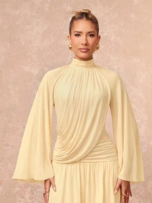 Lumalex Fall Winter Soft Comfortable Mesh Mock Neck Flowy Long Sleeve Ruched Draped Bodycon Dress With Flared Hem For Women Dawn-To-Gala Elegant Poised Let Yo - Apricot - View 5