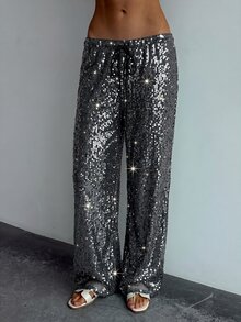 SHEIN Tall CURVE Plus Size Women Solid Color Waist Tie Sequin Wide Leg Long Pants - Black - View 9