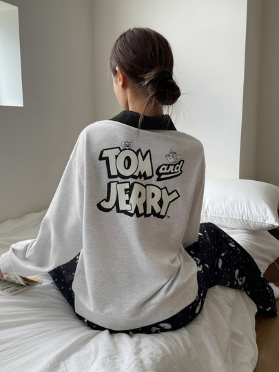 TOM AND JERRY X DAZY Dames Herfst/Winter Cartoon & Letter Print Colorblock Patchwork Top En Gepatroneerde Pyjamabroek Slaapkleding Set
