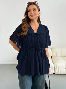 SHEIN Essnce 大尺碼夏季休閒純色前綁帶襯衫 - 藏蓝色 - 查看 5