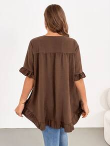 Shapeblank Plus Size Vintage Ruffle Trim Asymmetrical Hem Blouse - Mocha Brown - View 2