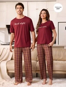 CoupledUp Men's Knitted Round Neck Short Sleeve Long Pants Plaid Print Pajama 2 Pieces Set - Multicolor - View 6
