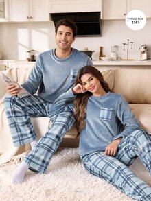 CoupledUp طقم بيجامة رجالي من الفلانيل بنقشة مربعات، أكمام طويلة وبنطال طويل مريح - الأزرق - مشاهدة 7