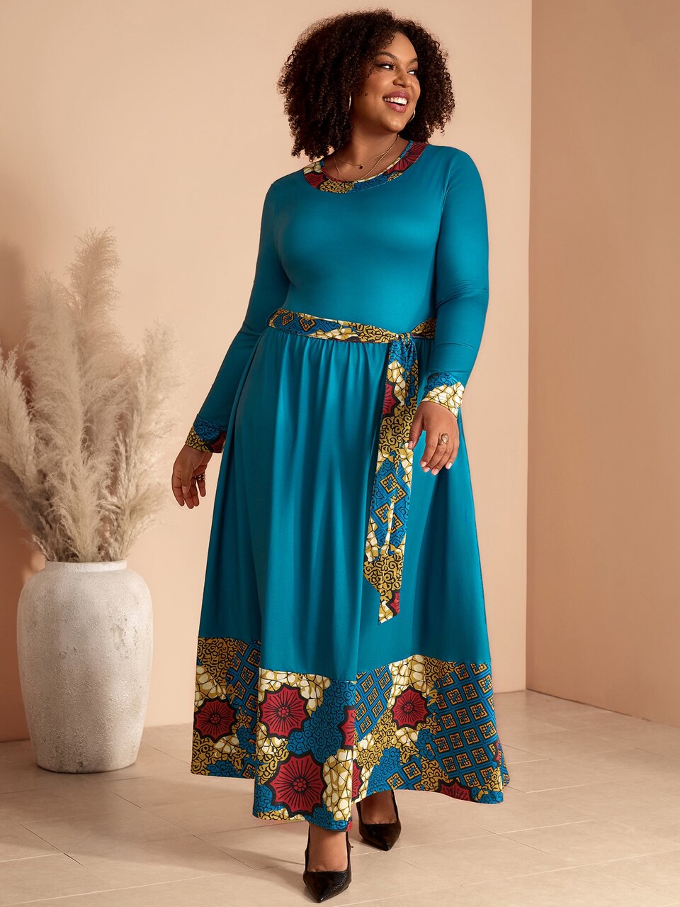 Plus Size Women's Autumn/Winter Casual Vacation Country Elegant Floral Print Patchwork Blue Long Sleeve Dress With Belt, Fall,Long Dress,Going Out