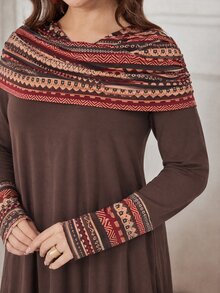 Lacomfia Autumn/Winter Elegant Casual Print Patchwork Ruched Neck Loose Fit Versatile Knit Textured Plus Size Women's Long Dress - Multicolor - View 1