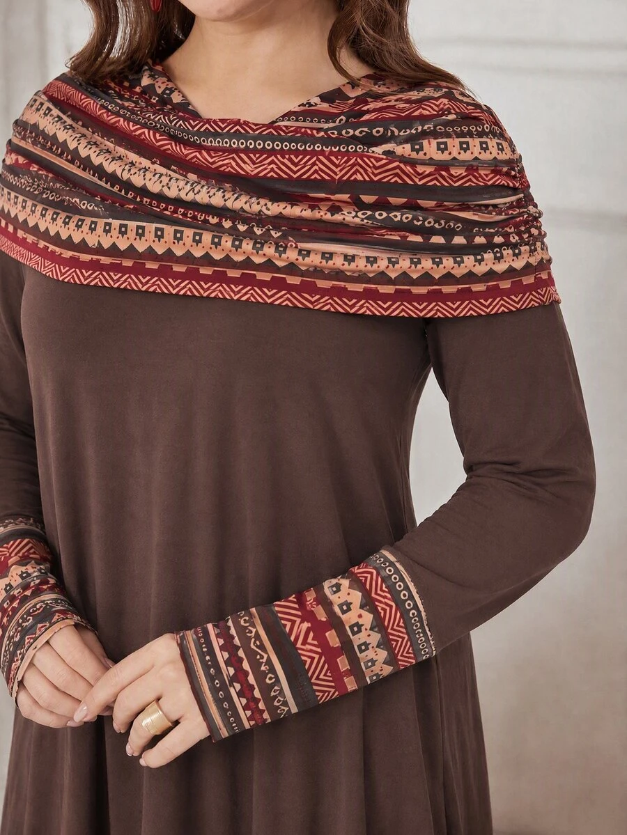 Lacomfia Autumn/Winter Elegant Casual Print Patchwork Ruched Neck Loose Fit Versatile Knit Textured Plus Size Women's Long Dress - Multicolor - View 1