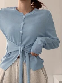 DAZY Women's Solid Color Sweet Button Tie Long Sleeve Knit Cardigan Fall - Blue - View 3