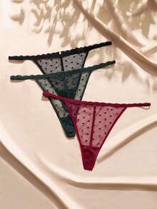 Charlaine Plus Size Women's 3 PiecesHeart Mesh Cotton Crotch Back Single Strap Thong - Multicolor - View 5