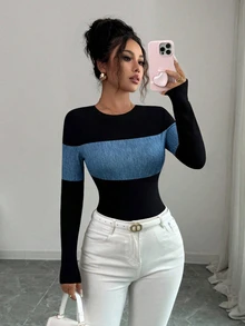 Selianne 休閒時尚拼接牛仔印花圓領長袖高彈力修身貼身性感風女款日常內搭連身衣 - 彩色 - 查看 5