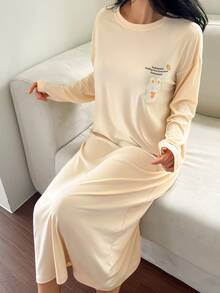 DAZY Women's Loose Long Sleeve T-Shirt Dress Nightgown With English Rabbit Pattern, Home Wear Dress - Apricot - View 6